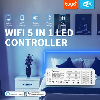 2.4 g + Wifi 5 в 1 Светодиодный контроллер Макс 10a Работа С приложением Tuya Smart Life / 2.4 G RF Пульт Дистанционного управления / Голосовое управление Alexa Концентратор Не требуется