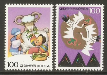 2 шт, Южная Корея, 1991 год, китайские зодиакальные овцы, Марки с животными, настоящий оригинал, коллекция марок