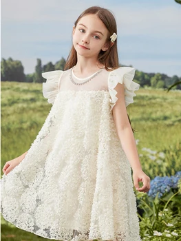 2023 Платья для девочек-цветочниц для свадеб, Испанское цельное белое платье с 3D цветочным рисунком, Шикарная элегантная одежда для крещения