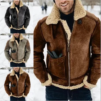 2023 мужское пальто из искусственной кожи и флиса, зимняя куртка с теплым мехом, контрастная мужская куртка с утолщенными лацканами