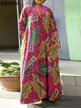 2024 Женское Макси-платье VONDA Oversize в богемном стиле с рукавом 3/4, Винтажный Повседневный Длинный сарафан с цветочным принтом, Свободный Праздничный халат Vestidos