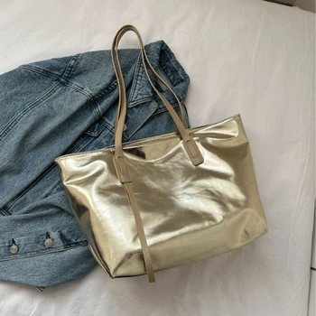 2024 Новые женские сумки через плечо, яркие сумки-тоут из искусственной кожи, высококачественные повседневные сумки подмышками, однотонные сумки для покупок