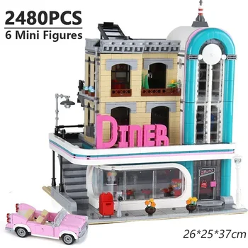 2488 шт. Строительные блоки Downtown Diner с 6 мини-фигурками, Совместимые модели кирпичей 10260 15037 для детей, игрушки для взрослых, подарки