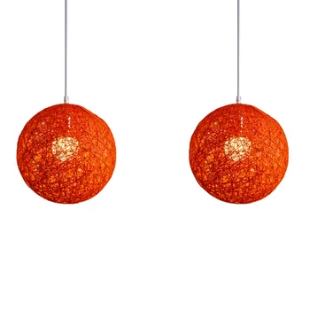 2Х оранжевая люстра из бамбука ротанга и пеньки с шариками Индивидуального творчества Сферический абажур из ротанга