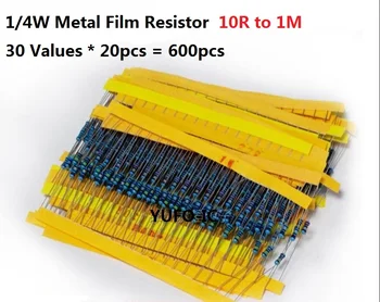 30 значений * 20ШТ = 600ШТ 10 Ом-1 м Ом 1/4 Вт Комплект резисторов с 1% Металлическим наполнителем Ассорти 100R 470R 510R 670R 1k 10k 4,7k 100k Упаковка