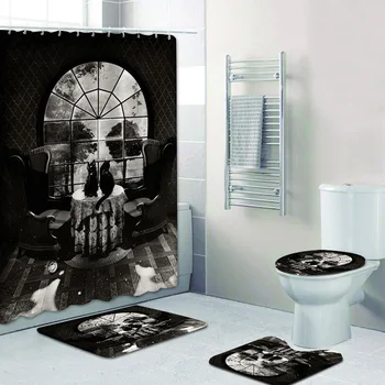 3D готический черно-белый комплект занавески для душа с черепом для ванной комнаты, стильное искусство скелета на Хэллоуин, коврики для штор в ванную комнату, декор