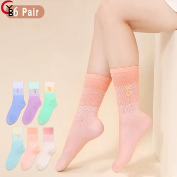 6 Пар женских спортивных носков градиентного цвета средней длины, носки с ворсом ins street tide, носки для ботинок, антибактериальные носки (размер США: 5-9.5)