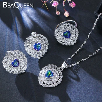 BeaQueen New в форме сердца, зелено-голубой Кубический цирконий, Топаз, Радужные серьги, ожерелье и кольцо, 3шт, Модный женский ювелирный набор JS050