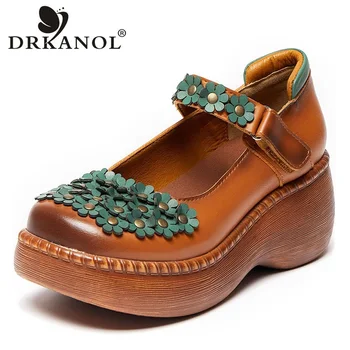 DRKANOL, Модная женская обувь на платформе в стиле ретро, смешанные цвета, Натуральная Кожа, Цветы, танкетка, Крючок, петля, Удобная обувь для мамы