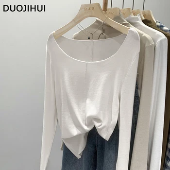 DUOJIHUI, Белые шикарные Осенние базовые женские футболки с круглым вырезом, Новые Сексуальные однотонные офисные женские модные Простые повседневные женские футболки
