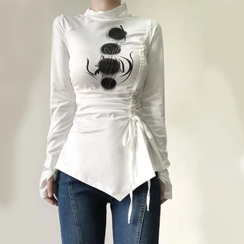 Gidyq/ модные Женские футболки с принтом, корейская повседневная уличная одежда, гофрированные топы с длинными рукавами, женские универсальные тонкие тройники Y2K.