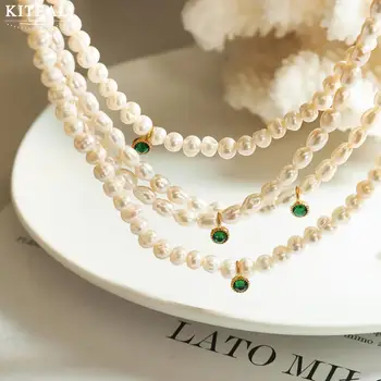 KITEAL Высококачественные позолоченные духи, женские подвески, ожерелье из пресноводного жемчуга и зеленого циркона, макси-ожерелье, ювелирные изделия