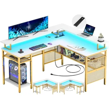 L-образный письменный стол со светодиодной лентой и розетками, реверсивные угловые компьютерные столы с подставкой для монитора и полкой для хранения