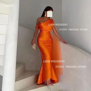LISM Простые Оранжевые атласные вечерние платья русалки из блестящего тюля с длинным рукавом-накидкой длиной до щиколоток, платье для официальных мероприятий в Саудовской Аравии