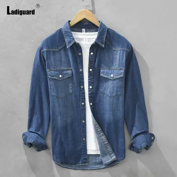Ladiguard 2024 Стильная простая рубашка Demin, винтажные топы с карманами, мужская джинсовая одежда в стиле пэчворк, мужская блузка Demin с длинными рукавами.