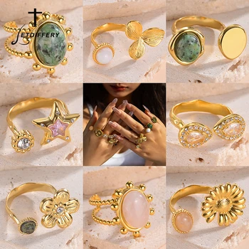 Letdiffery Винтажные кольца золотого цвета для женщин из нержавеющей стали, разноцветные натуральные камни, нерегулярные регулируемые украшения с открытыми кольцами