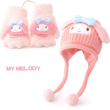 Miniso My Melody Sanrio, перчатка на шнурке, Kuromi, Милые плюшевые зимние теплые вязаные шапочки с утолщением.