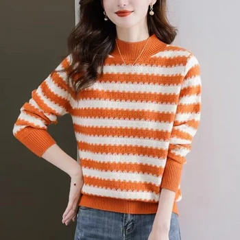 Pull Femme 2023 Осенне-зимняя одежда Женский свитер в полоску с полувысоким воротником для женщин, толстый пуловер, вязаные топы с длинными рукавами