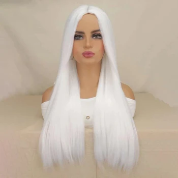 QQXCAIW Длинные прямые белые парики для косплея Синтетические парики для женщин из термостойких волокон волос для ежедневной вечеринки 