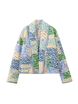 TRAF 2023 Женская парка с карманом, хлопковая куртка с принтом в стиле Пэчворк, пальто, модные винтажные топы с длинным рукавом, осень-зима, повседневные Свободные топы