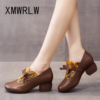 XMWRLW Женские весенне-осенние туфли-лодочки на высоком каблуке Женская обувь в стиле ретро Женская осенняя обувь из натуральной кожи Туфли-лодочки на квадратном каблуке