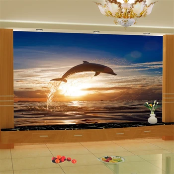 beibehang, Крупномасштабная фреска на заказ, 3D обои, наклейки на обои, дельфины, выпрыгивающие из моря, восход солнца, морской пейзаж сзади