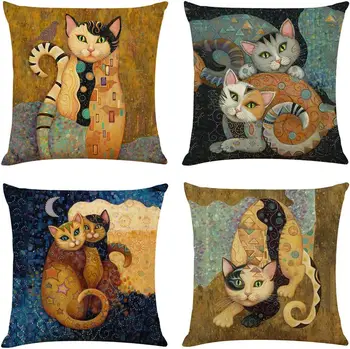 Абстрактная льняная подушка с котом, наволочка, подарок любителю кошек, Тематическое украшение комнаты, Чехол для подушки на диван-кровать 40х40см