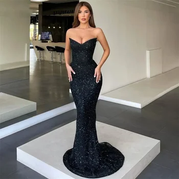 Блестящие Черные вечерние платья Русалки 2024, Дешевые платья для выпускного вечера в Дубае с блестками, Арабские женские платья для невесты с открытой спиной