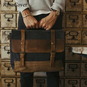 Большая вместительная холщовая сумка из масляного воска, мужская водонепроницаемая сумка через плечо, винтажные холщовые Кожаные портфели, 14-дюймовые сумки-мессенджеры для ноутбуков