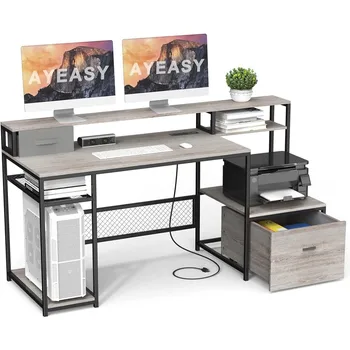 Большой компьютерный стол 66 дюймов с розеткой и USB-портом для зарядки, рабочий стол, мойка, Серый стол для ноутбуков, Геймерский ПК, Офисный