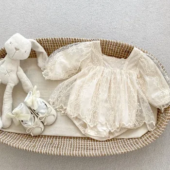 Весенне-осенний хлопковый кружевной боди для маленьких девочек с длинными рукавами, одежда принцессы для маленьких девочек, комбинезон для новорожденных 0-24 м, одежда для новорожденных
