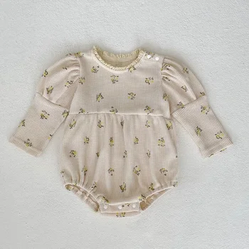 Весенний комбинезон для новорожденных девочек из хлопка с длинными рукавами и вафельным принтом для малышей, Комбинезон для девочек 0-24 м, детская одежда