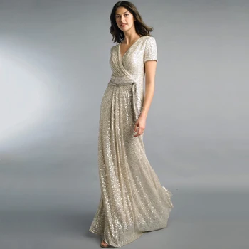 Вечернее платье с V-образным вырезом и коротким рукавом, расшитое блестками, длиной до пола, сшитое на заказ для женщин, вечерние платья для гостей свадьбы