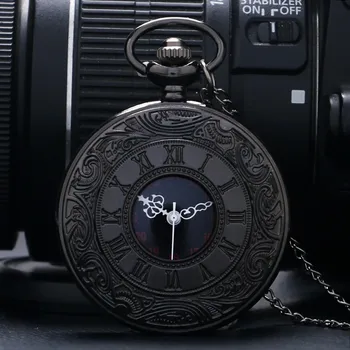 Винтажный шарм Черный Унисекс Мода Римский номер Кварцевые карманные часы в стиле стимпанк Женское мужское ожерелье Кулон с цепочкой Подарки P427