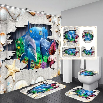 Водонепроницаемая ткань Ocean Design Dolphin Для ванной комнаты, 3D Занавеска для душа, Нескользящие коврики, Крышка унитаза, коврик для ванны, украшение дома
