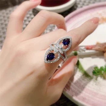 Высокая-конец мода женская ретро элегантная темно-синий каплевидный драгоценный камень изысканные геометрические открытия стерлингового серебра S925 кольцо