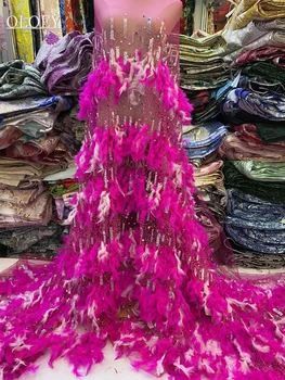 Высококачественная роскошная подиумная французская сетка, расшитая бисером из перьев Кружевная ткань в Африканском стиле С блестками и драгоценными камнями Ткань для свадебного платья