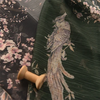 Высококачественная тонкая шифоновая ткань, двусторонний материал с двухцветными цветами и птицами, ткани для платьев и шарфов