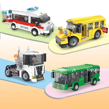 Городской школьный автобус, модель автомобиля, строительные блоки MOC, грузовик с прицепом скорой помощи, игрушки, кирпичи, Обучающий подарок для детей, сборка