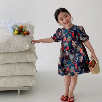 Детская одежда, платье для девочек в корейском стиле 2023, Весна и лето, новое детское повседневное простое платье в стиле ретро с коротким рукавом для девочек