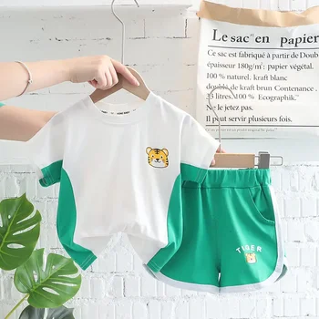 Детская хлопчатобумажная одежда, Летняя футболка с рисунком динозавра для маленьких мальчиков, шорты, 2 шт./компл., модные спортивные костюмы для малышей