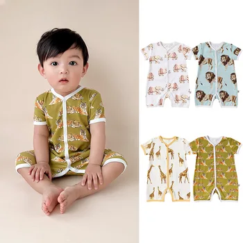 Детские Комбинезоны для мальчиков и девочек, Летний комбинезон с принтом для новорожденных, хлопковая муслиновая одежда с коротким рукавом для малышей, одежда для мальчиков и девочек