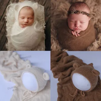 Детское пеленальное одеяло Для фотосъемки новорожденных Растягивающаяся Шерстяная обертка Шляпа ручной работы Аксессуары для фотосъемки