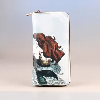 Длинный кошелек с мультяшным рисунком Русалки, кошелек для монет на молнии, женский держатель для кредитных карт