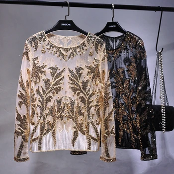 Европейская и американская рубашка с вышивкой в стиле тяжелой промышленности, расшитая золотыми блестками, круглый вырез, сексуальный модный женский тренд