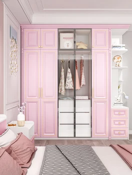 Европейский детский розовый шкаф из массива дерева, домашняя спальня, угловой шкаф для девочек, простой современный розовый