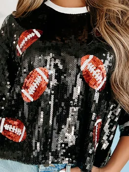 Женская блестящая рубашка с пайетками, топы с графическим рисунком для регби и футбола, свободные пуловеры с круглым вырезом, уличная одежда для игровых дней