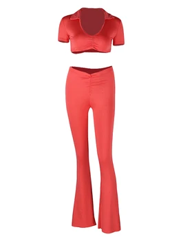 Женская летняя одежда из 2 предметов, повседневные топы с V-образным вырезом и коротким рукавом, укороченные топы с рюшами, расклешенные брюки с низкой талией, комплект