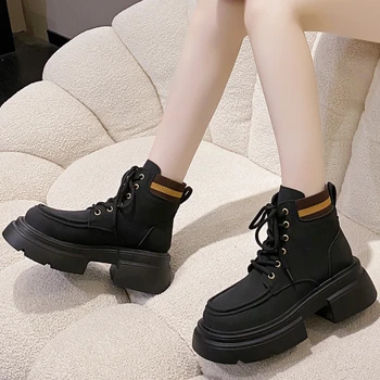 Женская обувь в продаже 2023, брендовые женские ботинки на шнуровке, осенние водонепроницаемые модные ботинки на платформе с круглым носком, однотонные, с коротким бочком