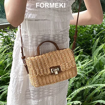 Женская соломенная сумка Formeki 2023, летняя модная женская сумка через плечо, квадратная праздничная пляжная сумка, сумочка
